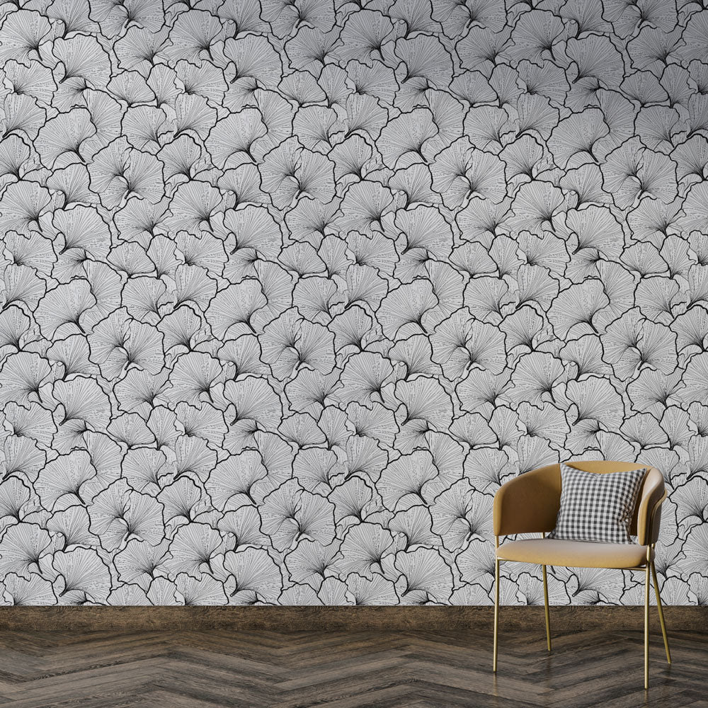 Floral wallpaper | Black & white stylised petals wall mural