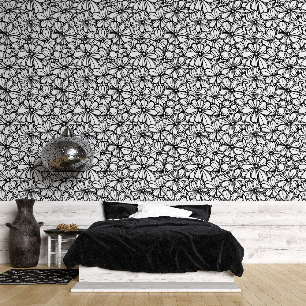Stylised Black & White Floral Wallpaper Wall Mural