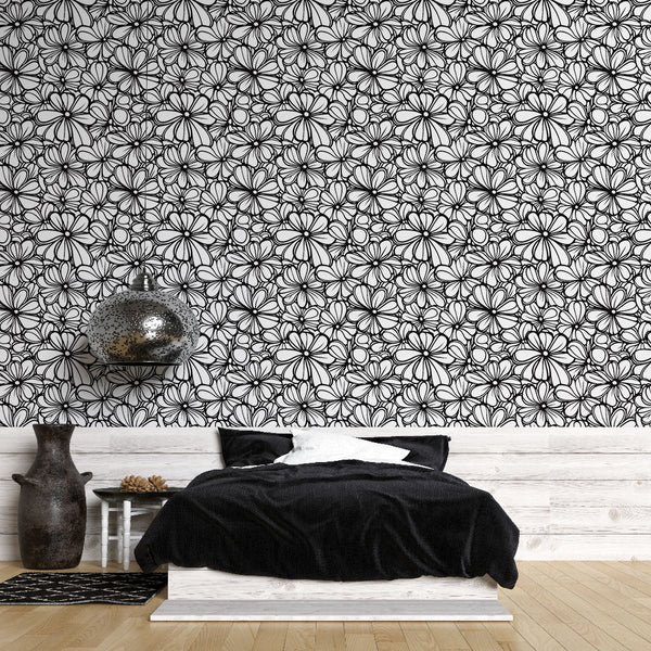 Stylised Black & White Floral Wallpaper Wall Mural