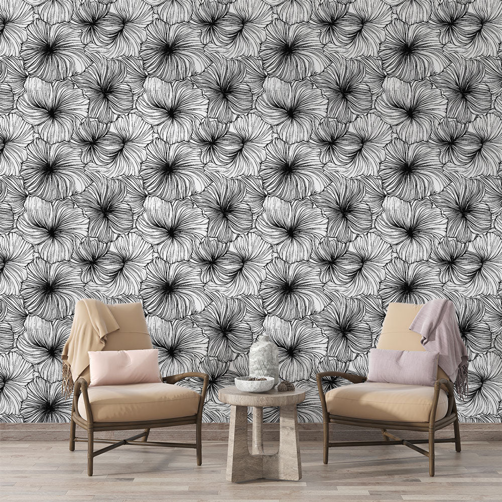 Line Floral Wallpaper | Black & White Wall Mural