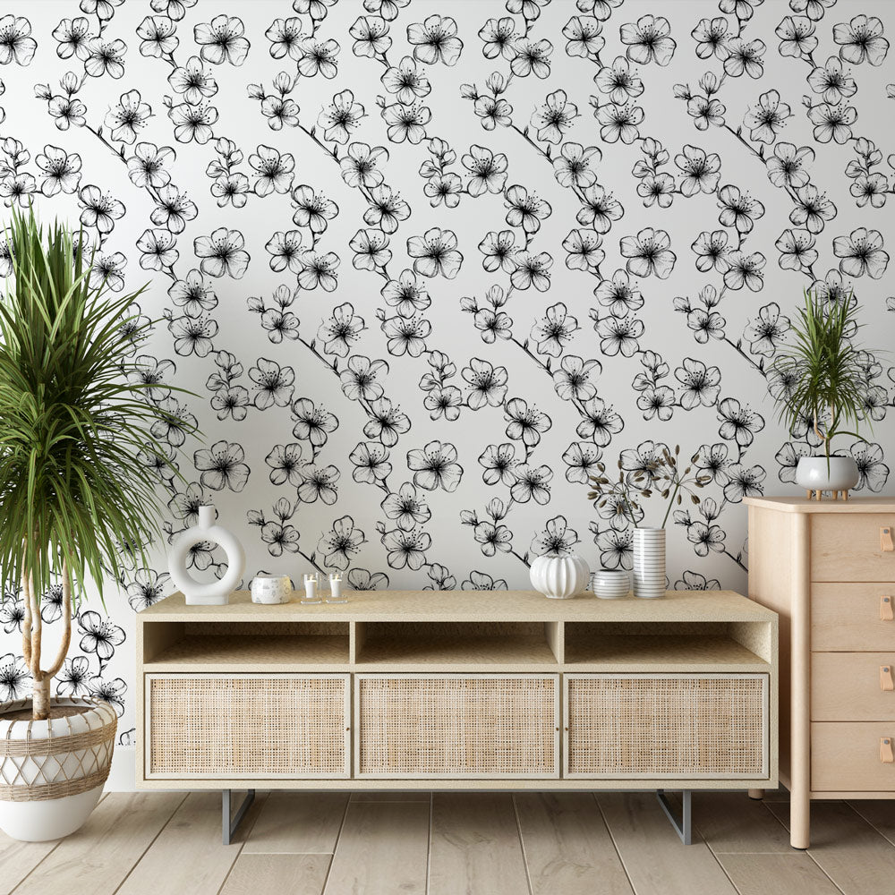 Stylized Floral Black White Wallpaper Wall Mural