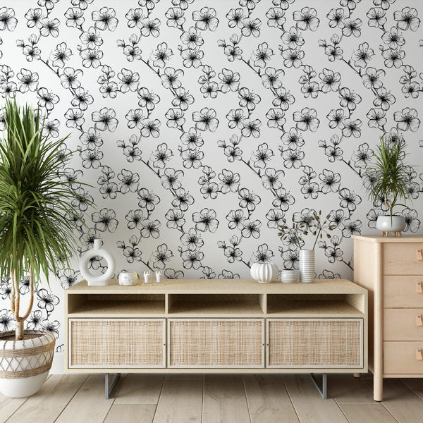 Stylized Floral Black White Wallpaper Wall Mural