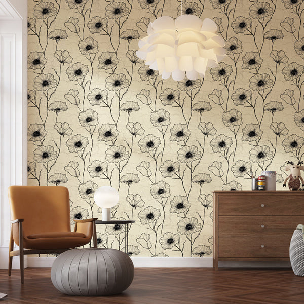 Black & White Floral Wallpaper | Elegant Flowers Cream