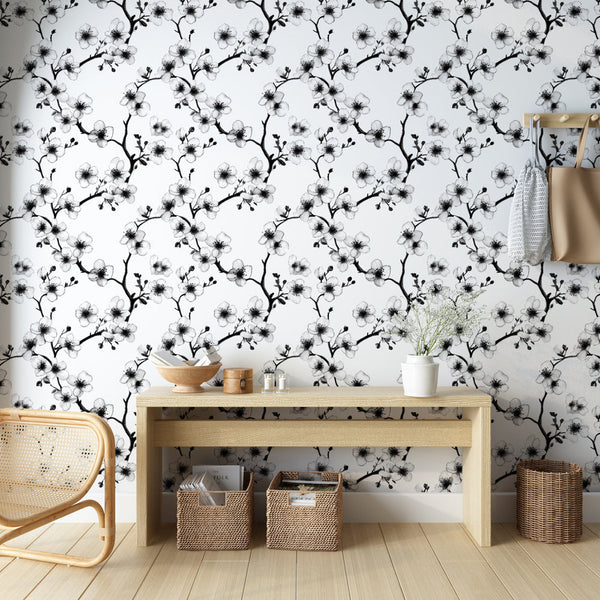 Watercolor Blossom Branches Black White Wallpaper