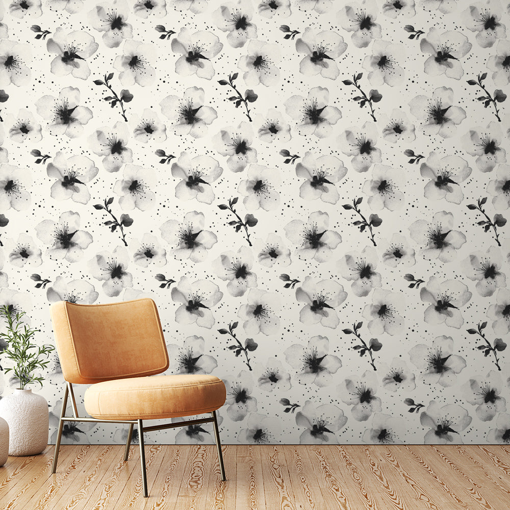 B&W Floral Wallpaper | Watercolour Flowers Wall Mural