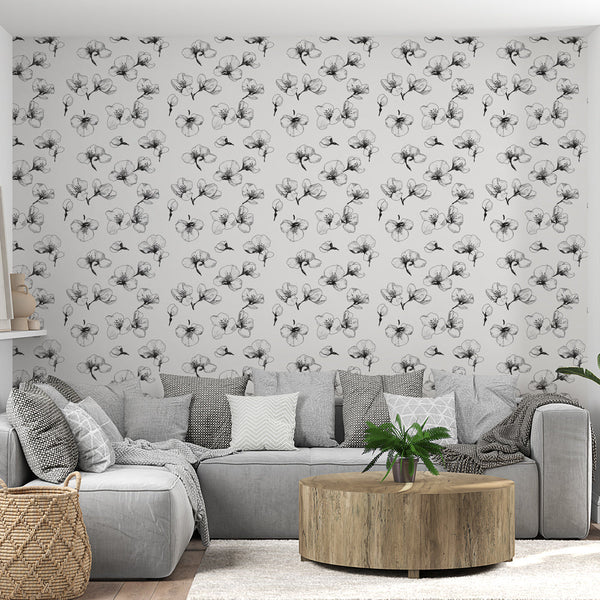 Black & White Ink Floral Wallpaper | Delicate Blooms
