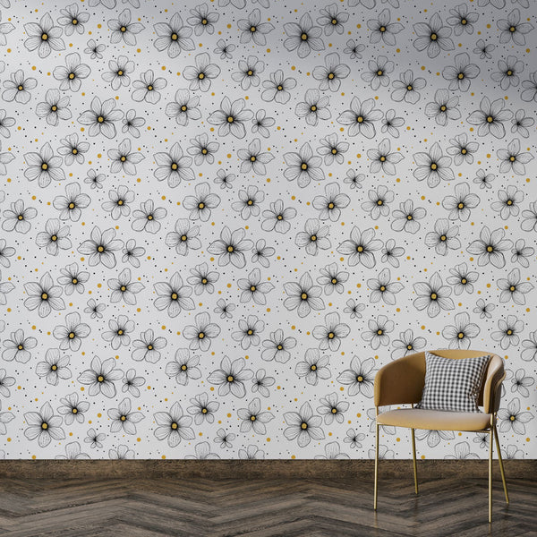Black & White Floral Wallpaper with Gold Accents | Wall Mural