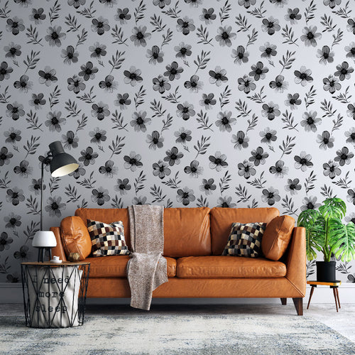 Black white floral wallpaper delicate flowers foliage wall mural for modern interior