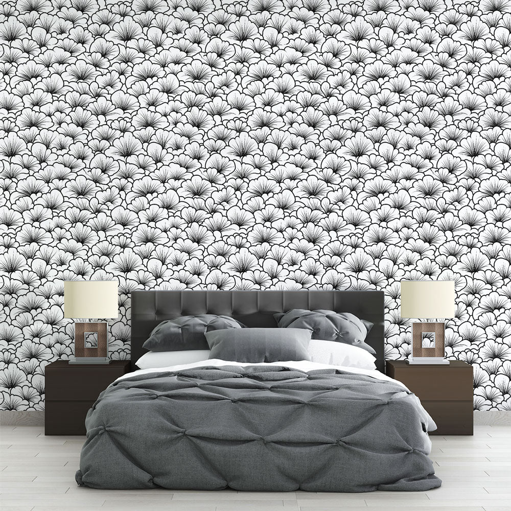 Delicate Black Flowers Light Wallpaper Mural