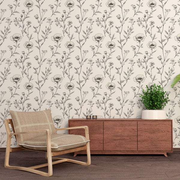 Black White Flowers Wallpaper | Cream Background Wall Mural