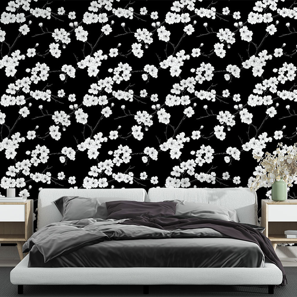 Delicate White Flowers Black Wallpaper Mural