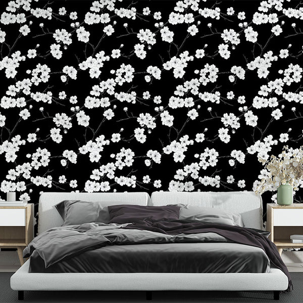 Delicate White Flowers Black Wallpaper Mural