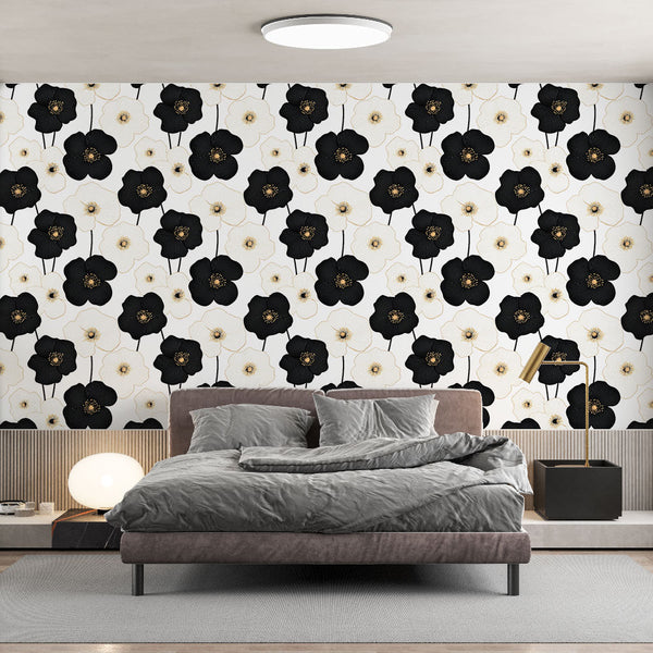 Black White Floral Wallpaper | Elegant Wall Mural Bright