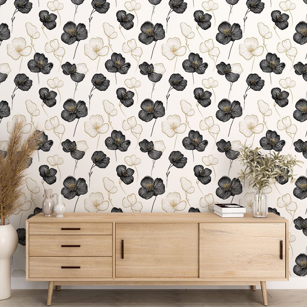 Black & White Floral Wallpaper with Gold Touches