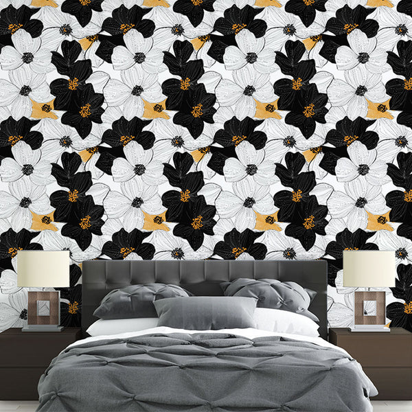 Black & White Floral Wallpaper | Gold Touch Wall Mural