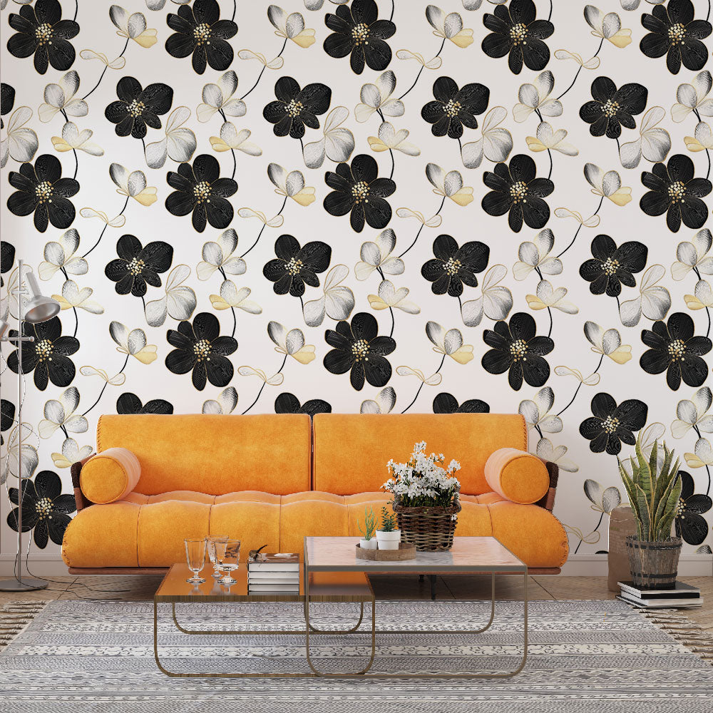 Contemporary Black & White Floral Wallpaper