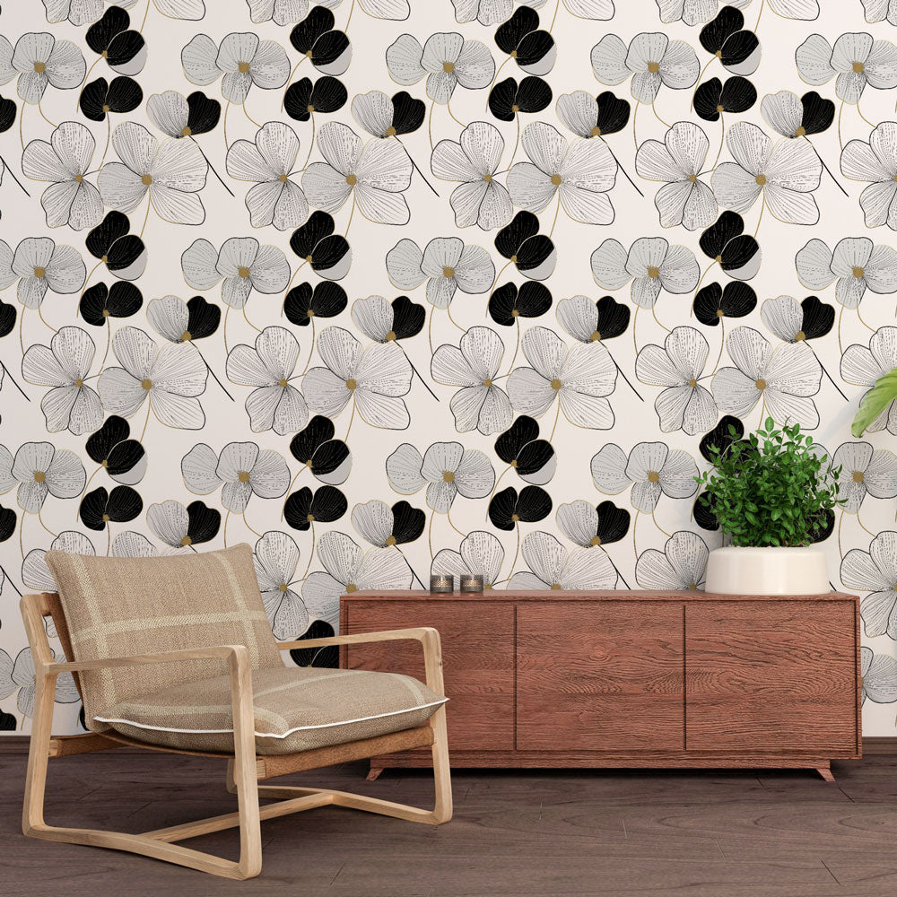Black & White Floral Wallpaper | Monochrome with Gold Touch