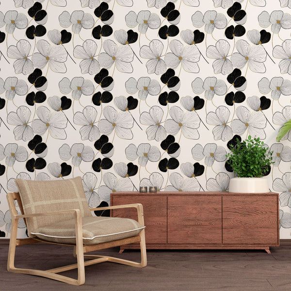 Black & White Floral Wallpaper | Monochrome with Gold Touch