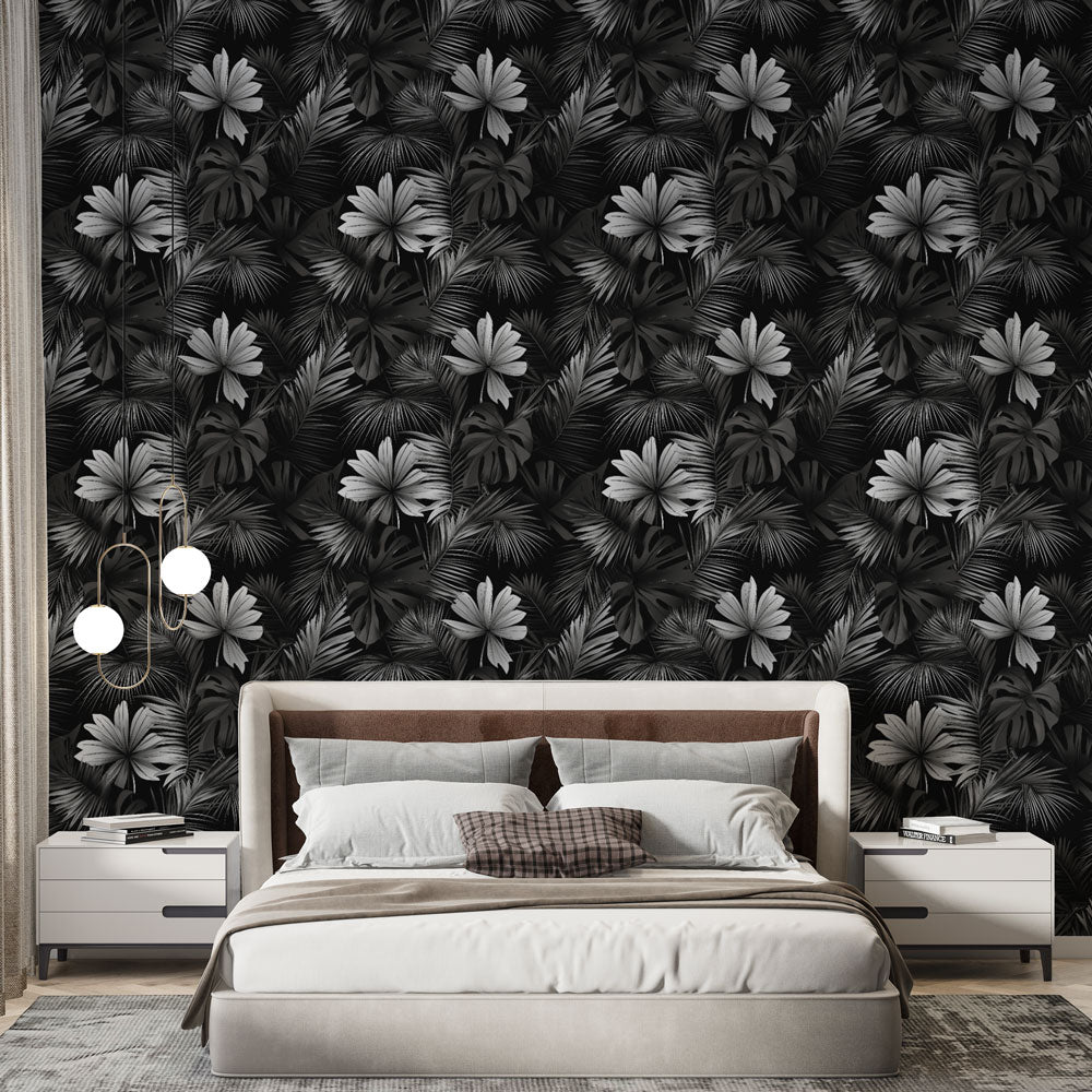 Black and White Floral Wallpaper | Lush Blooms on Dark