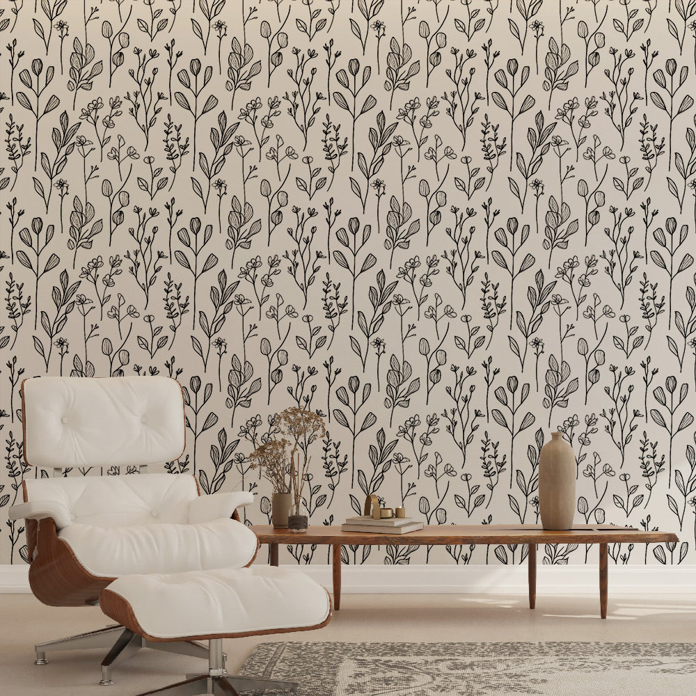 B&W Floral Wallpaper | Hand-Drawn Leaves & Flowers Wall Mural