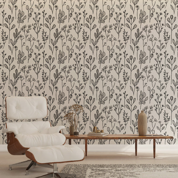 B&W Floral Wallpaper | Hand-Drawn Leaves & Flowers Wall Mural