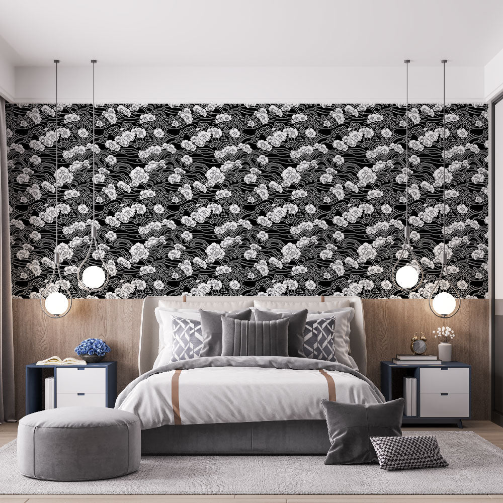 Black Floral Wallpaper | White Blooms with Wavy Lines Wall Mural