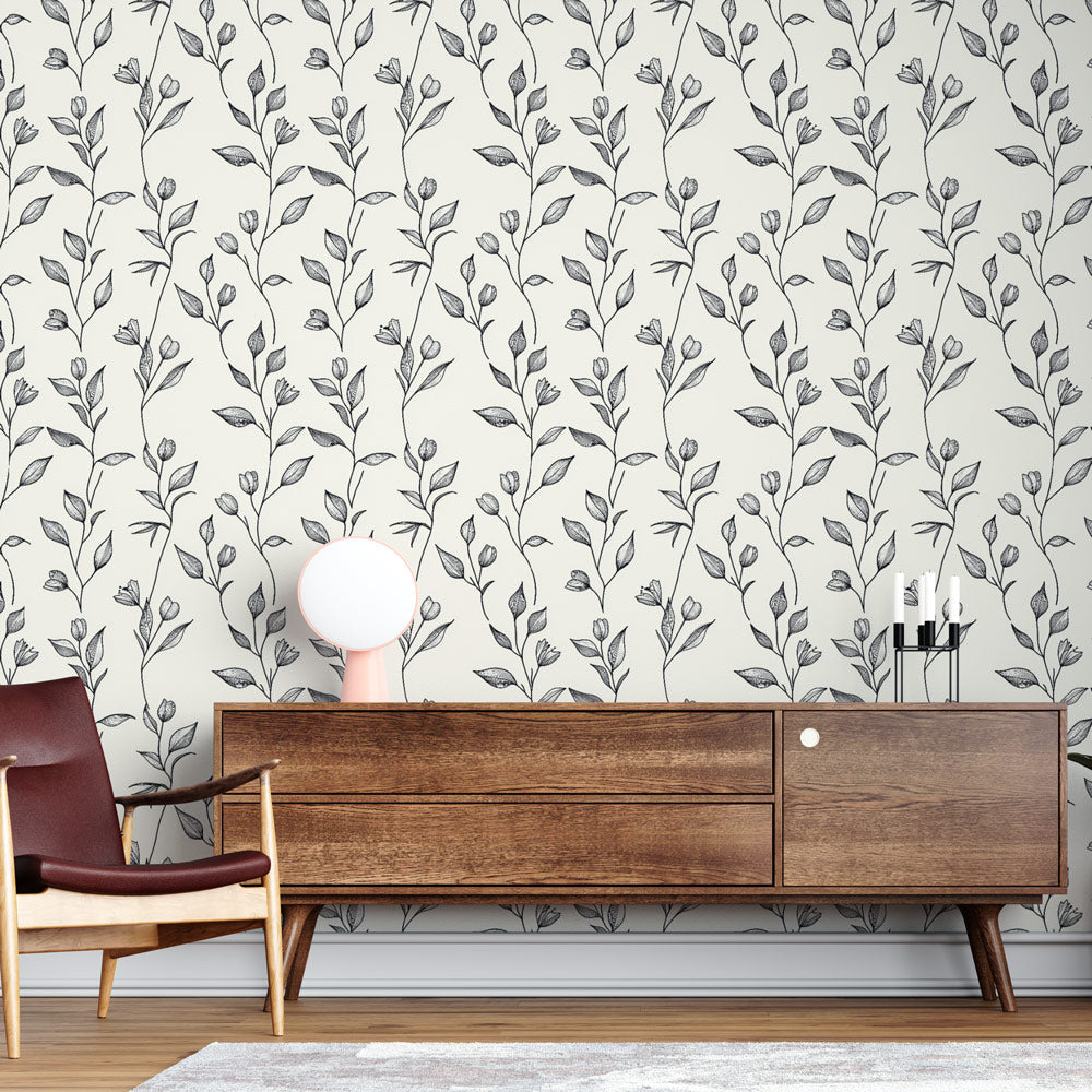 Fine Floral B&W Wallpaper | Delicate Wall Mural Light