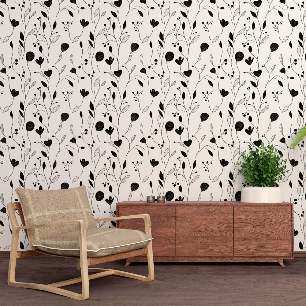 Black & White Floral Wallpaper | Delicate Flowers Leaves