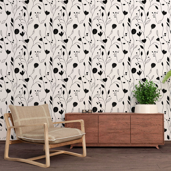 Black & White Floral Wallpaper | Delicate Flowers Leaves