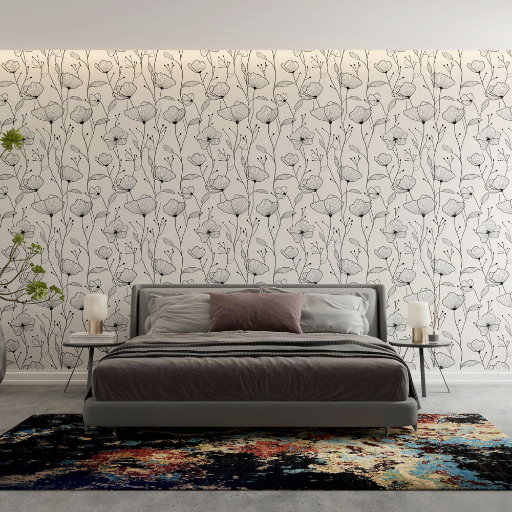 Line-Drawn Floral Wallpaper on Beige | Wall Mural Design