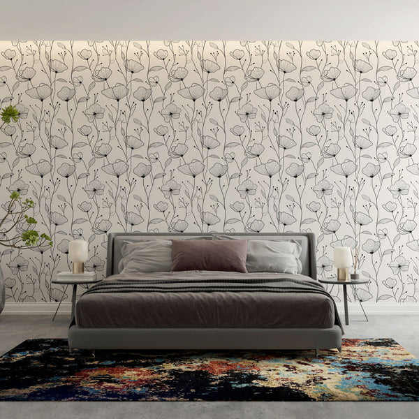 Line-Drawn Floral Wallpaper on Beige | Wall Mural Design