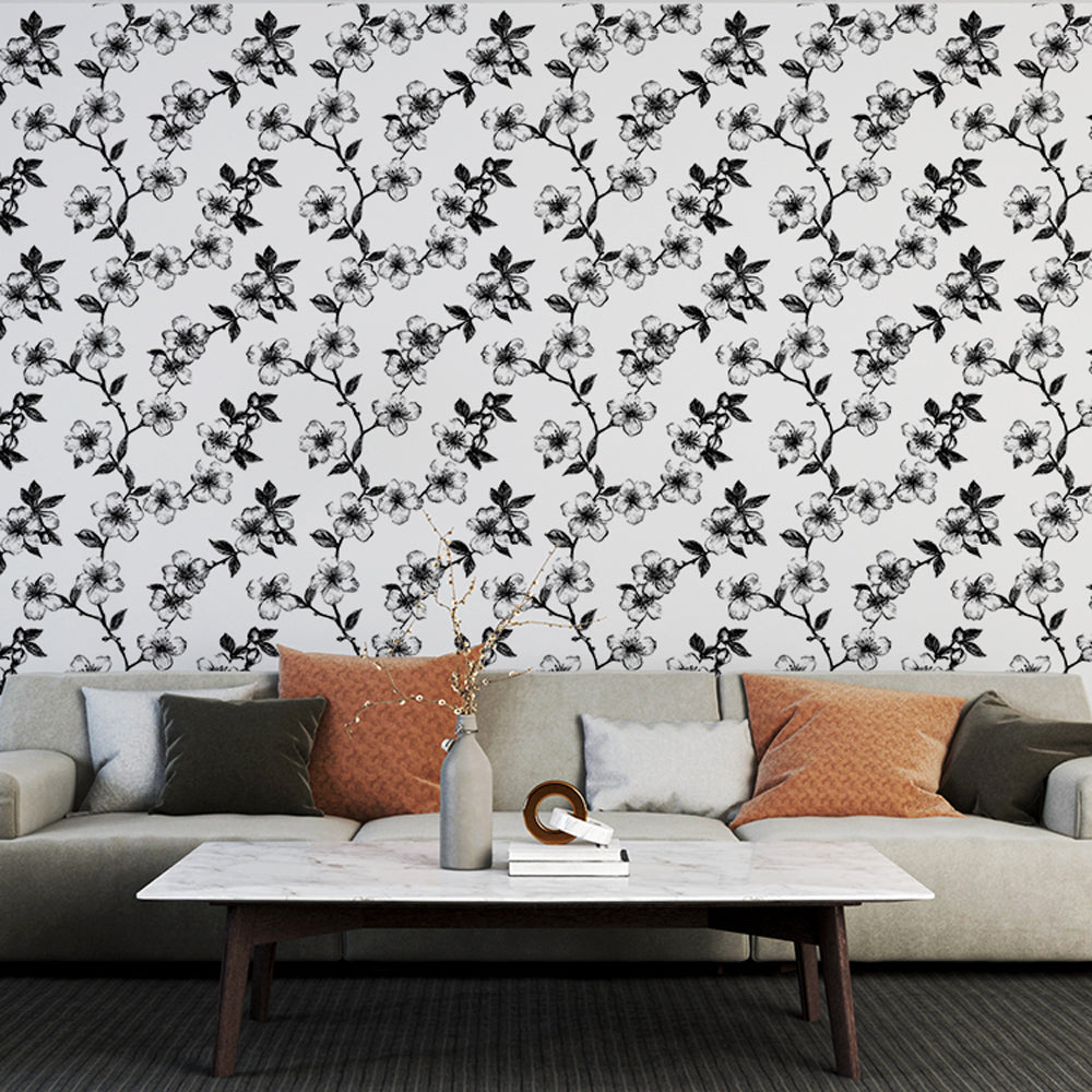 Elegant Flowers Leaves Black White Wallpaper