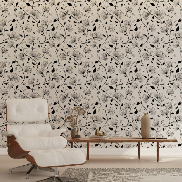 Black and White Floral Wallpaper | Inked Flowers and Leaves