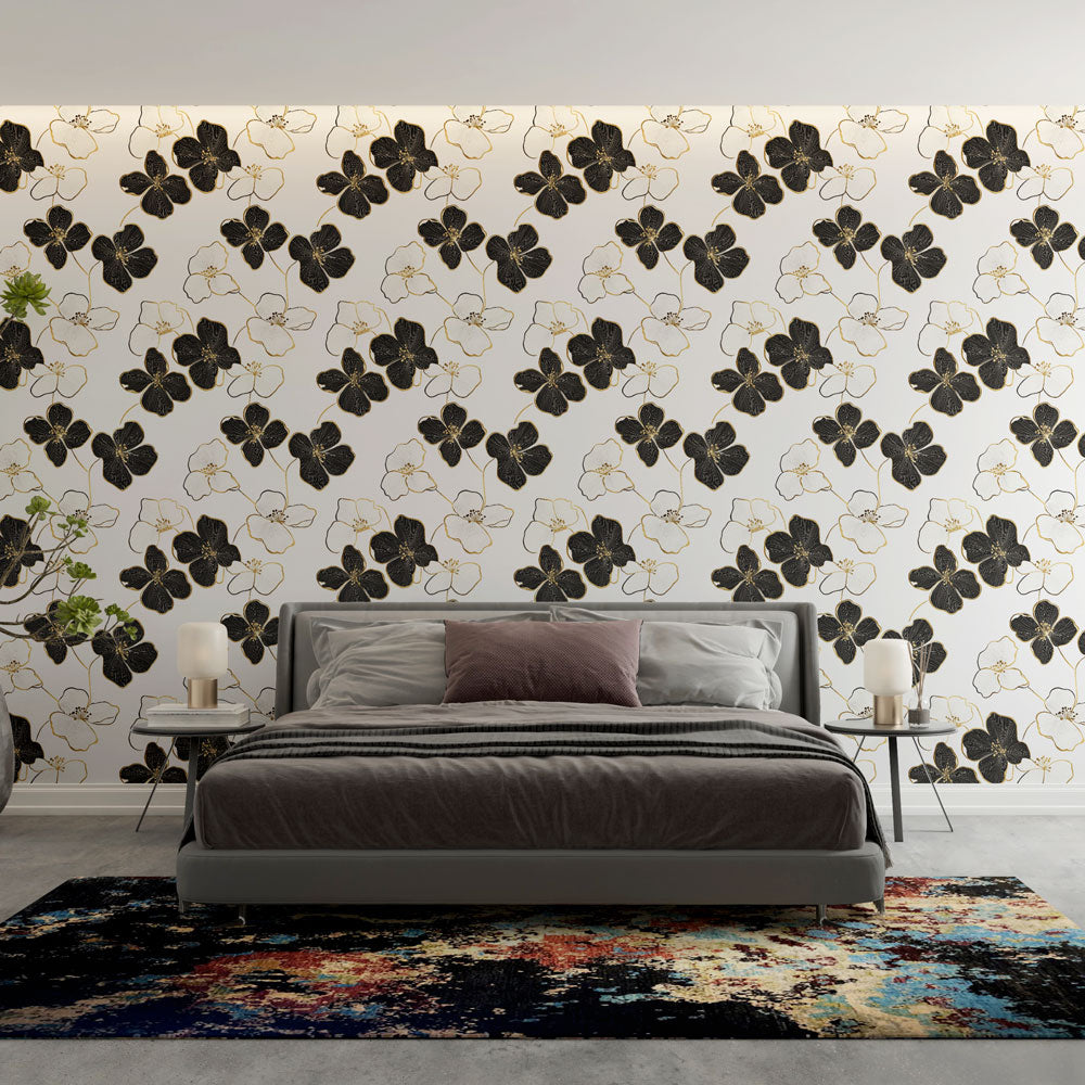 Black & White Floral Wallpaper with Gold Accents