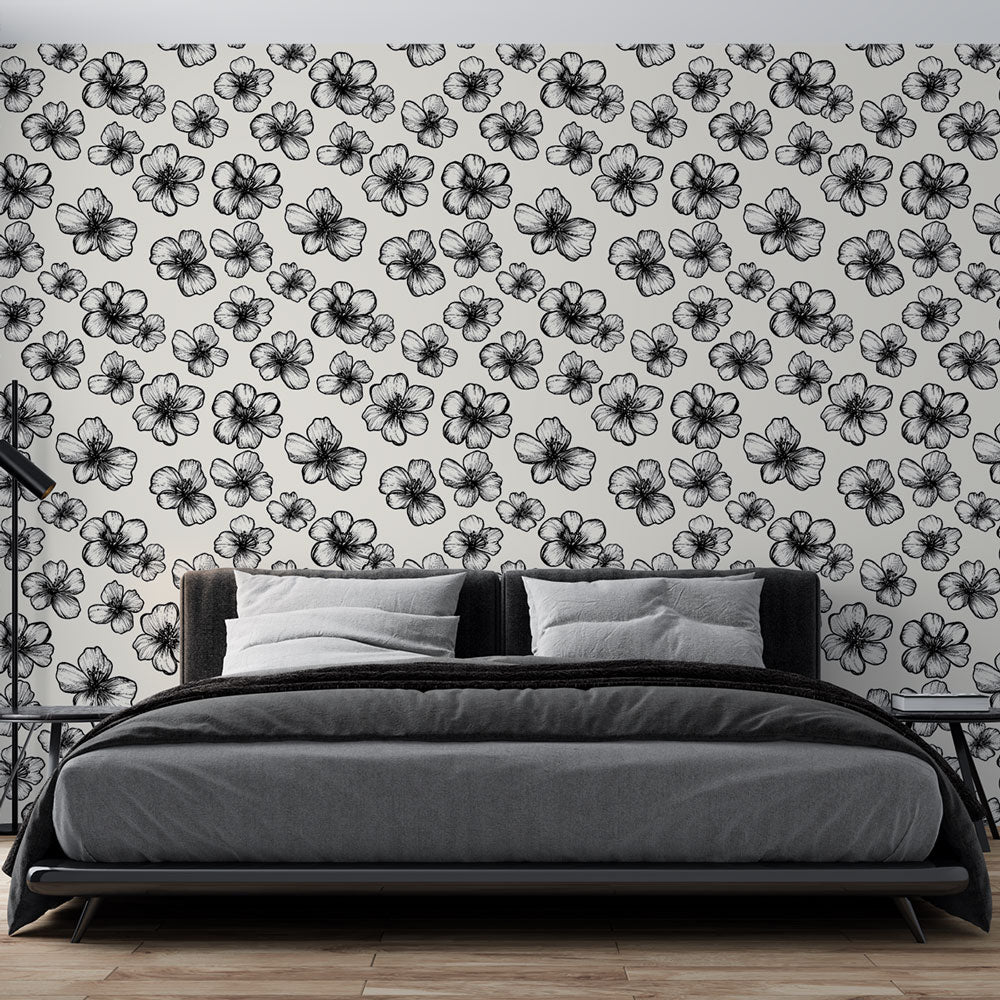 Black & White Floral Wallpaper | Delicate Blooms on Cream