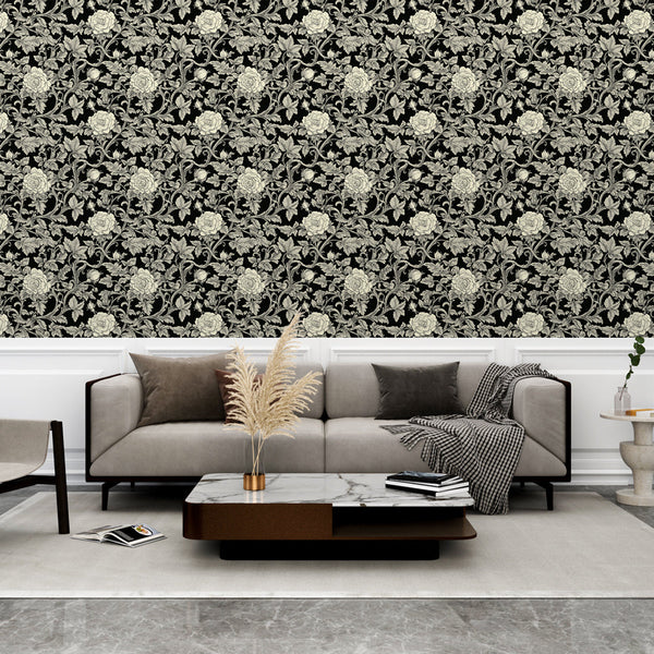 Black Floral Wallpaper | Embroidered Roses on Black Ground