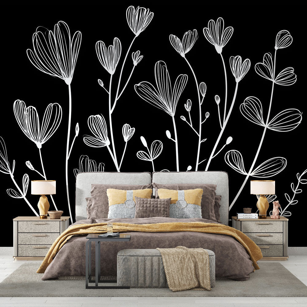 Black and White Floral Wallpaper | Delicate Blooms on Black