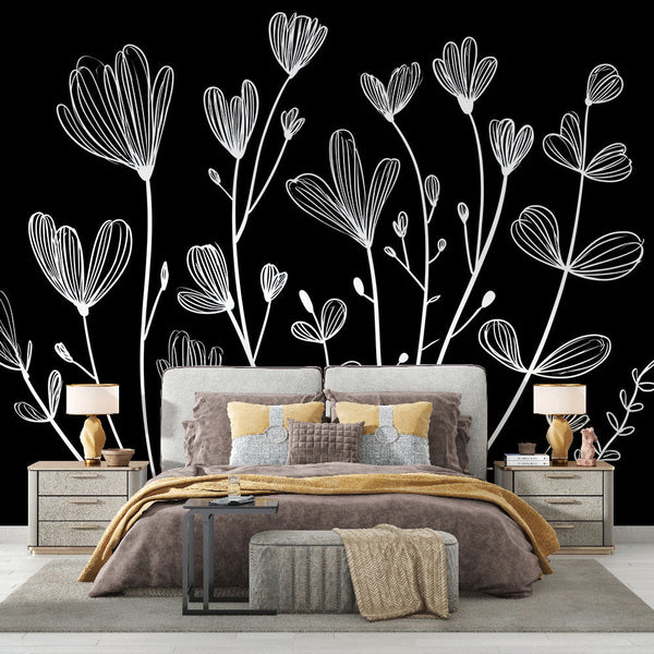 Black and White Floral Wallpaper | Delicate Blooms on Black