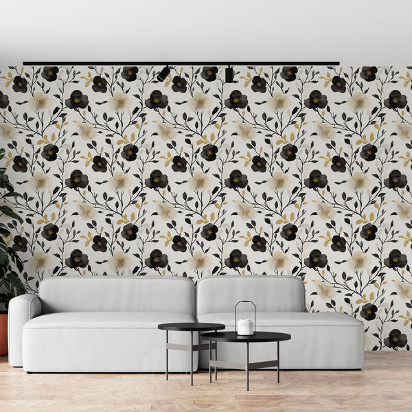 Black and Gold Floral Wallpaper | Elegant Wall Mural White Ground
