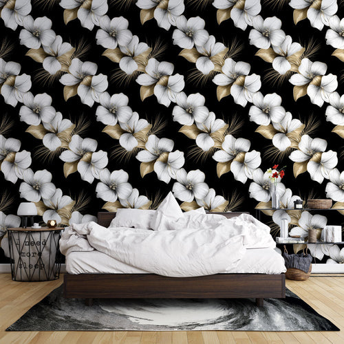 Black and gold flowers wallpaper with ivory blooms on charcoal background
