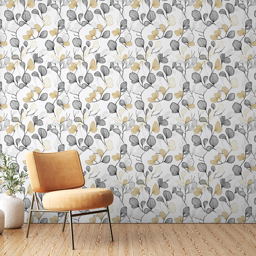 Black & Gold Leaf Wallpaper | Delicate Botanical on White