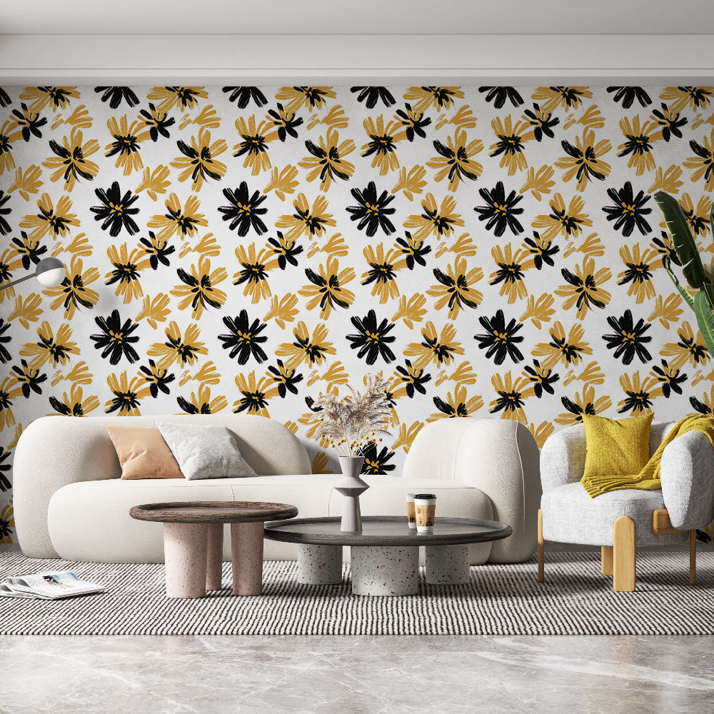 Stylised Black and Gold Floral Wallpaper | White Ground Wall Mural
