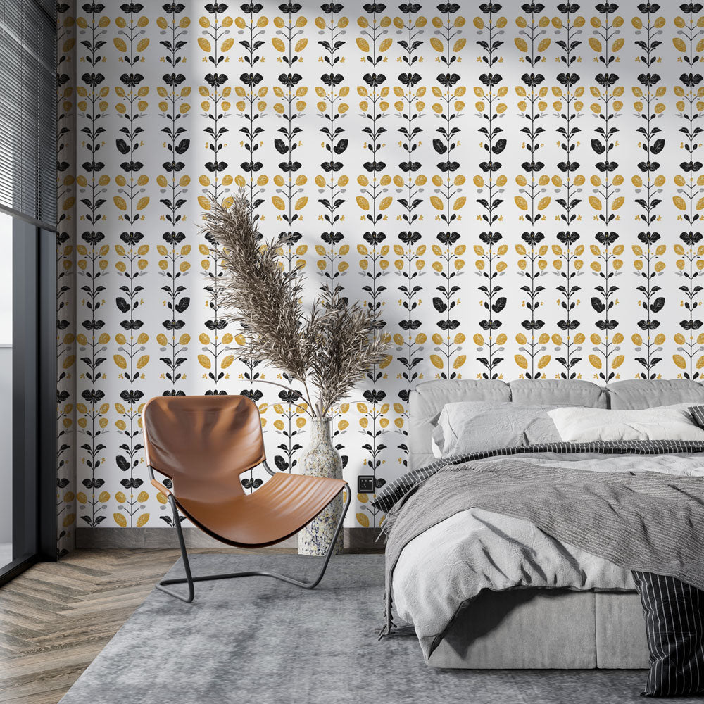 Black & Yellow Floral Wallpaper on White Ground
