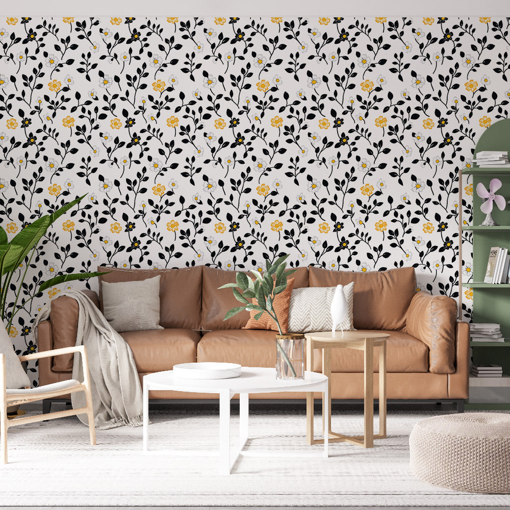 Black Yellow Floral Wallpaper | Bloom and Leaf Mural