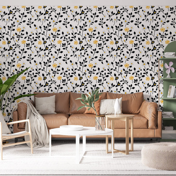 Black Yellow Floral Wallpaper | Bloom and Leaf Mural