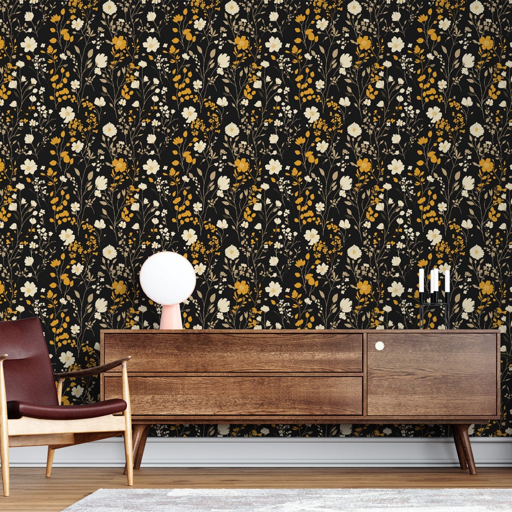 Black and Gold Floral Wallpaper | White Yellow Bloom Mural