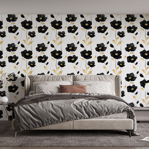 Black Gold Floral Wallpaper | Elegant Wall Mural White