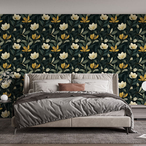 Black wallpaper with white flowers, green foliage and golden highlights on dark ground