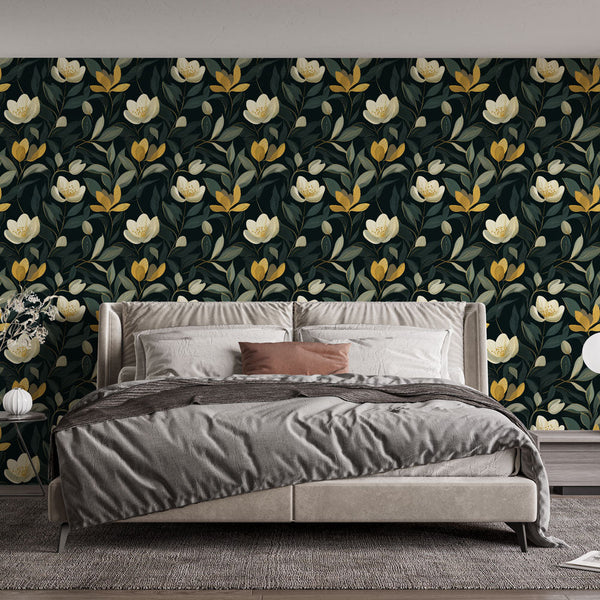Black and Gold Floral Wallpaper | White Blooms and Foliage