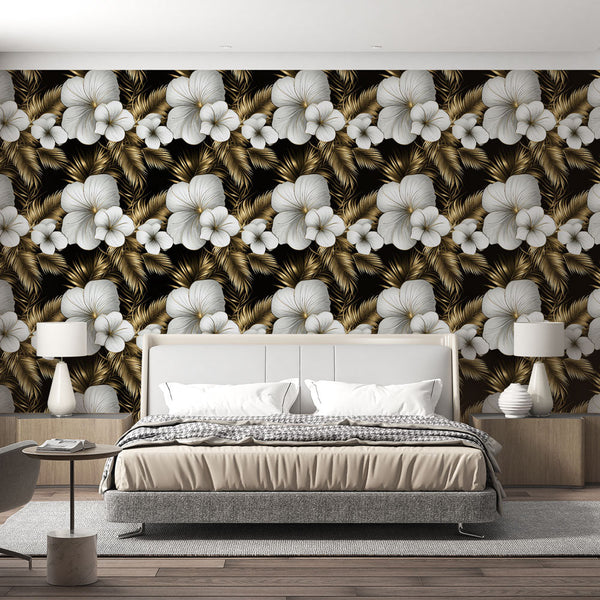 Black Gold Tropical Floral Wallpaper | Wall Mural